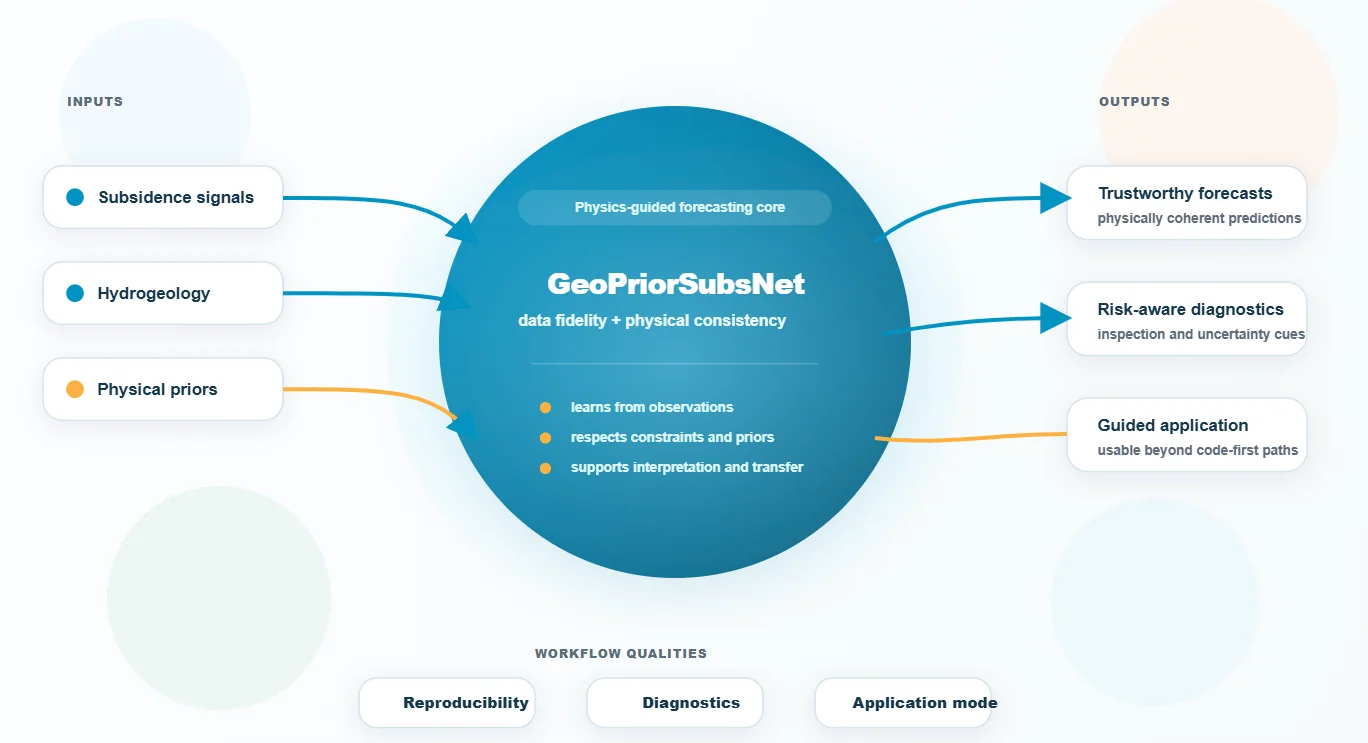 Overview diagram showing GeoPriorSubsNet inputs, forecasting core, and outputs