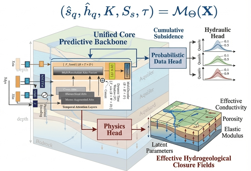GeoPriorSubsNet v3 architecture: probabilistic data head + physics head recovering hydrogeological parameters