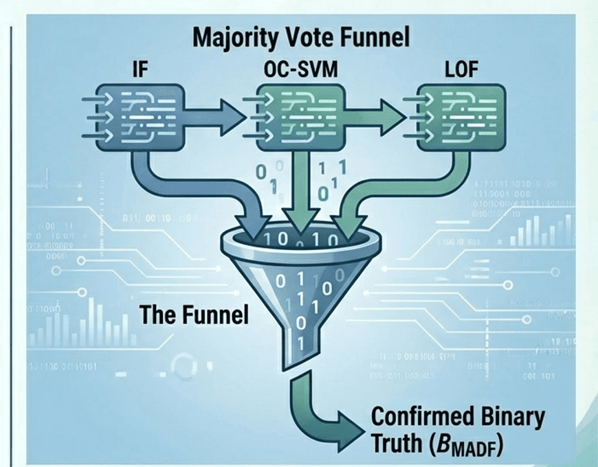 MADF majority-vote funnel architecture: IF, OC-SVM, LOF detectors fused into confirmed binary leachate truth