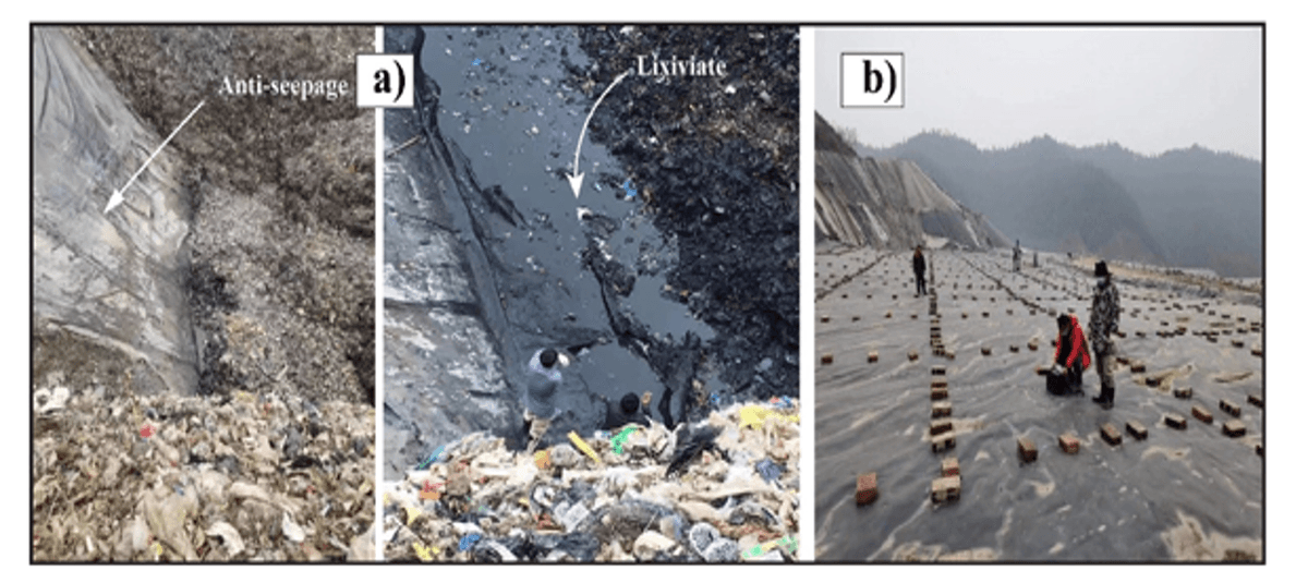 Field photos of toxic leachate leaking from a landfill — anti-seepage membrane failure and lixiviate contamination
