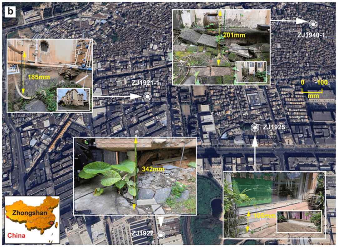 Field survey of land subsidence damage in Zhongshan, China — cracks and structural deformation up to 342 mm