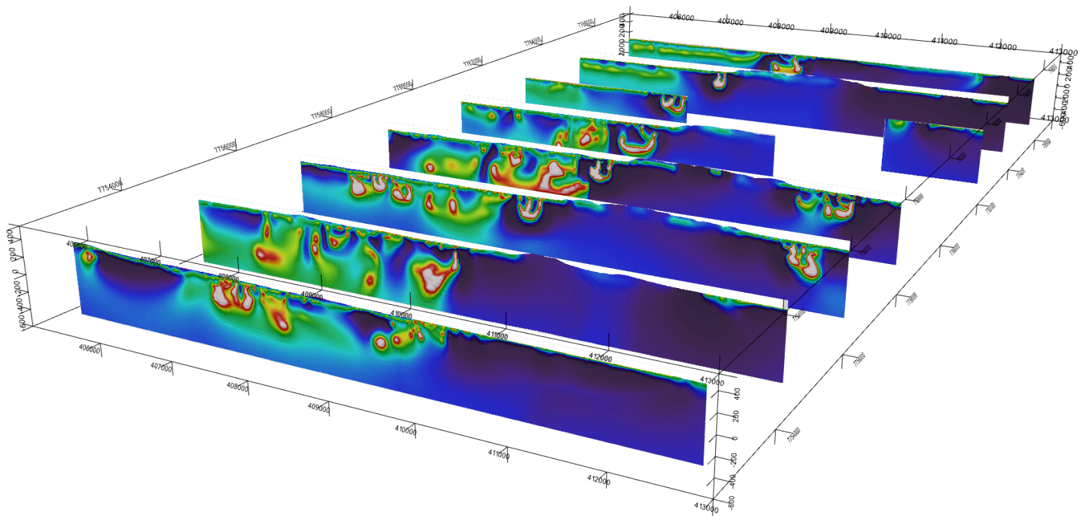 3D electromagnetic inversion: stacked depth sections showing conductive (red–yellow) and resistive (blue) structures across the survey volume.