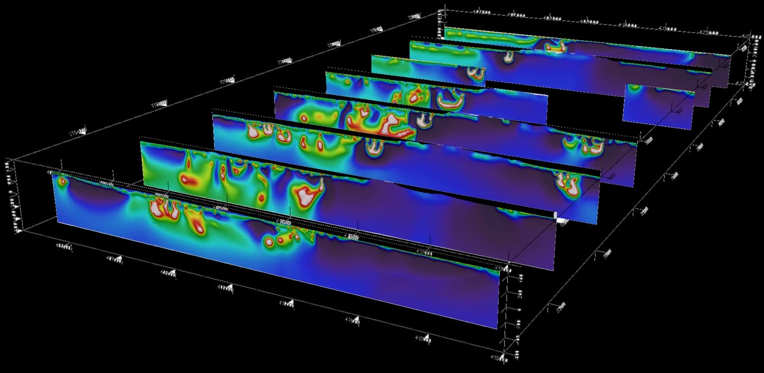 3D electromagnetic inversion: stacked depth sections showing conductive (red–yellow) and resistive (blue) structures across the survey volume.