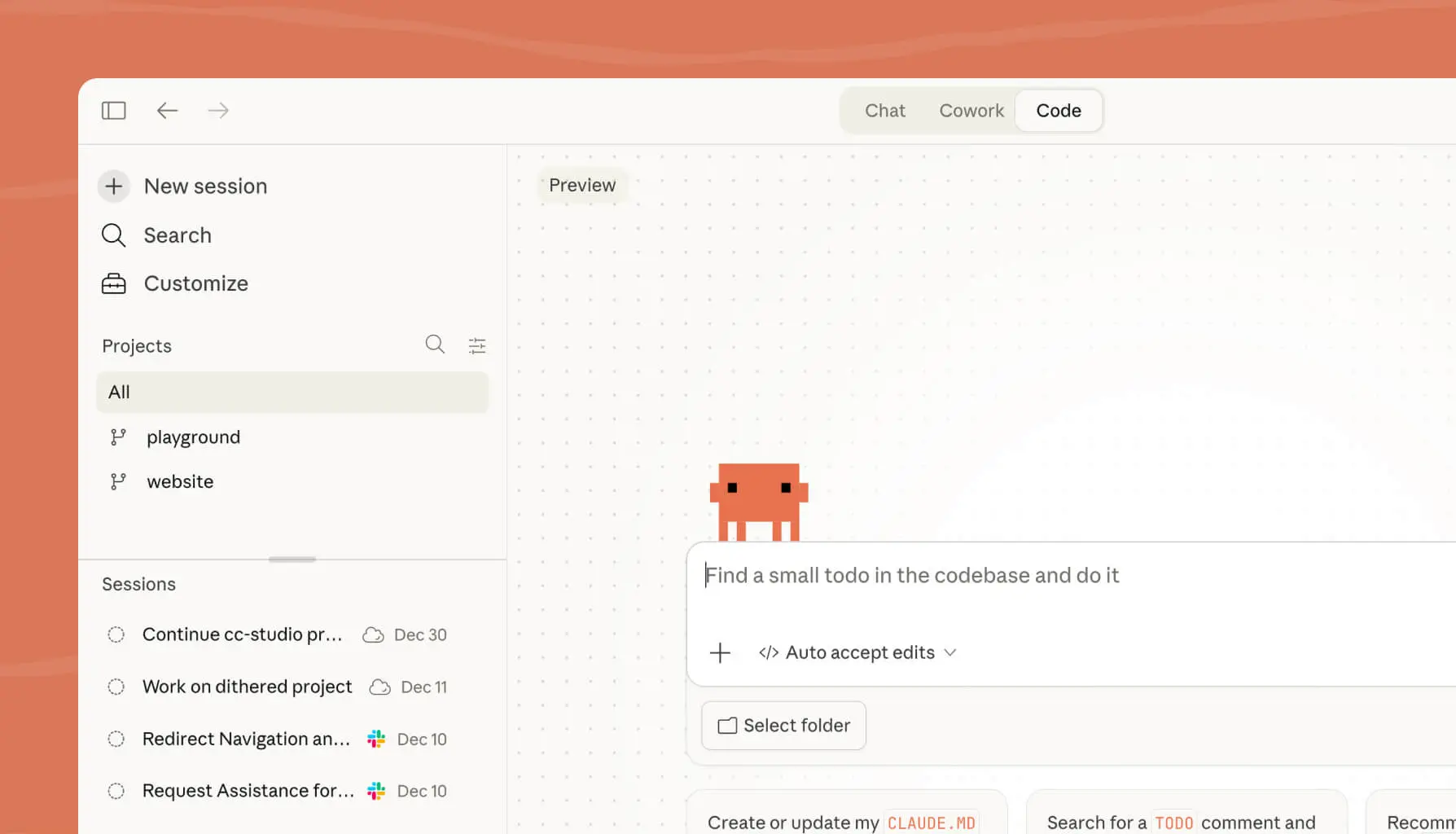 Claude Code interface with project sessions and coding workflow