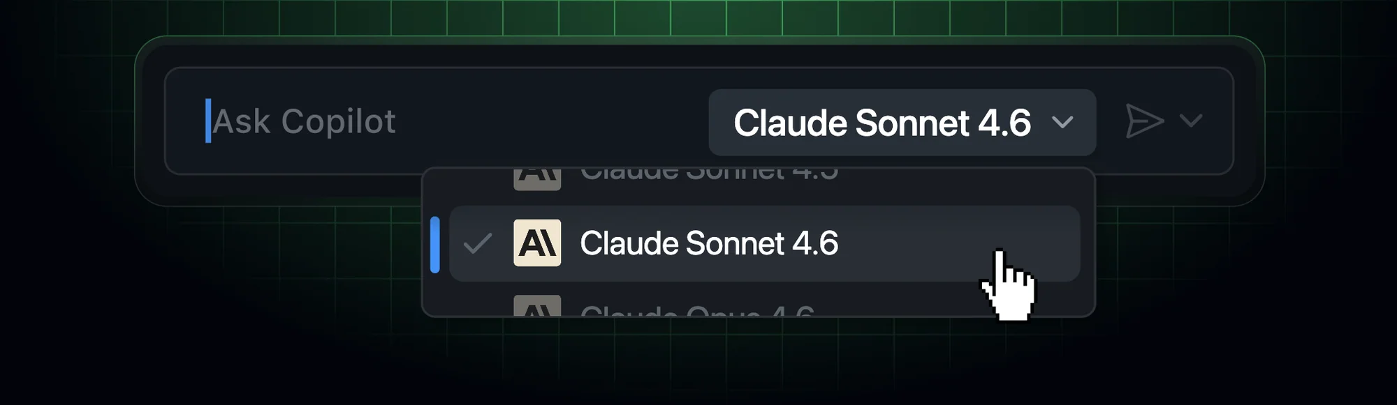 Interface GitHub Copilot montrant Claude Sonnet 4.6 dans le sélecteur de modèle