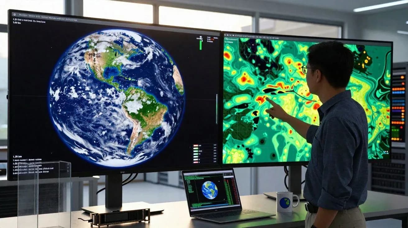 Researcher analysing Earth-observation data on large screens