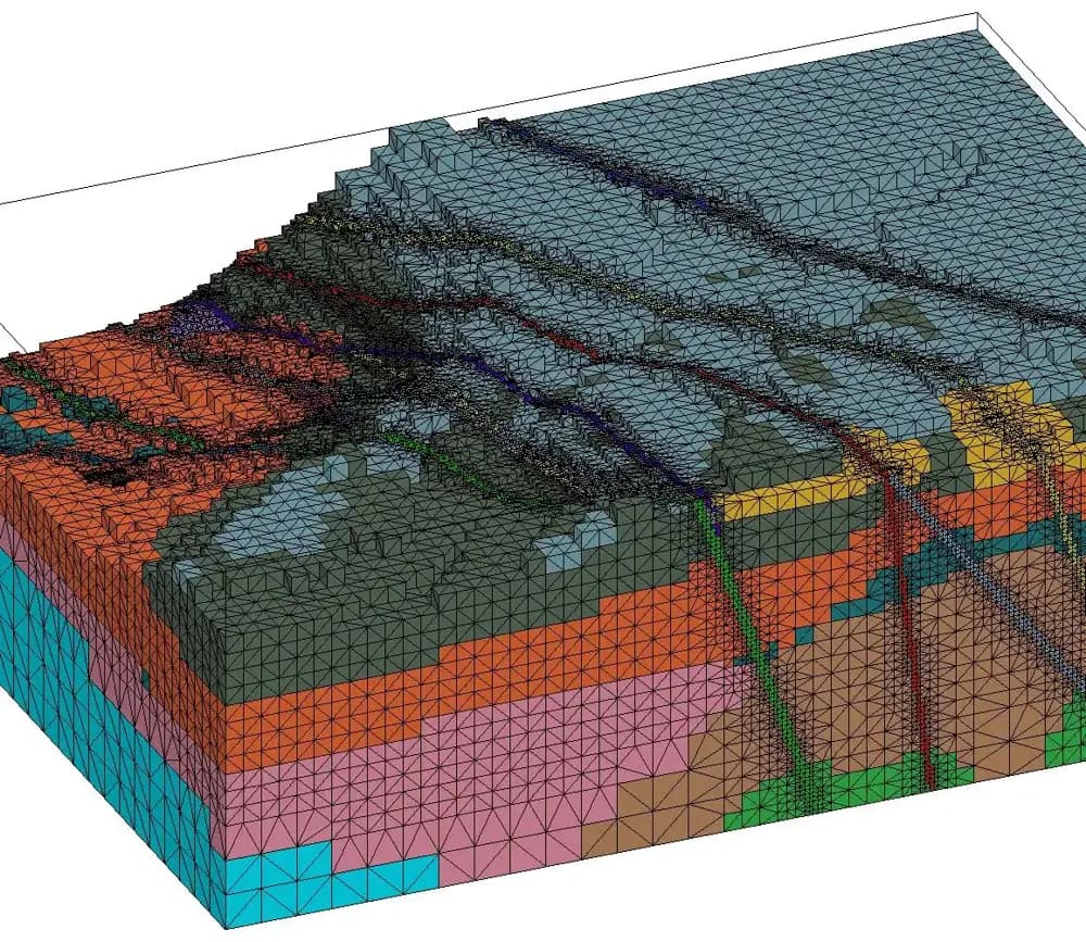 Three-dimensional mesh of a layered geological model cut by faults