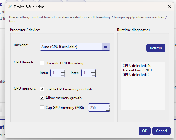 GeoPrior-3.0 Forecaster screenshot Setup device runtime dialog