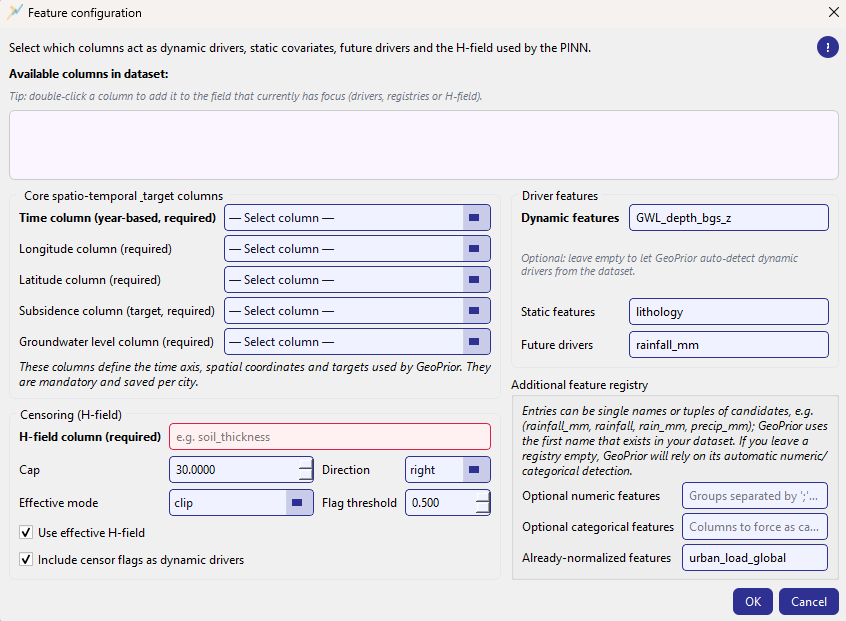 GeoPrior-3.0 Forecaster screenshot Setup feature config dialog